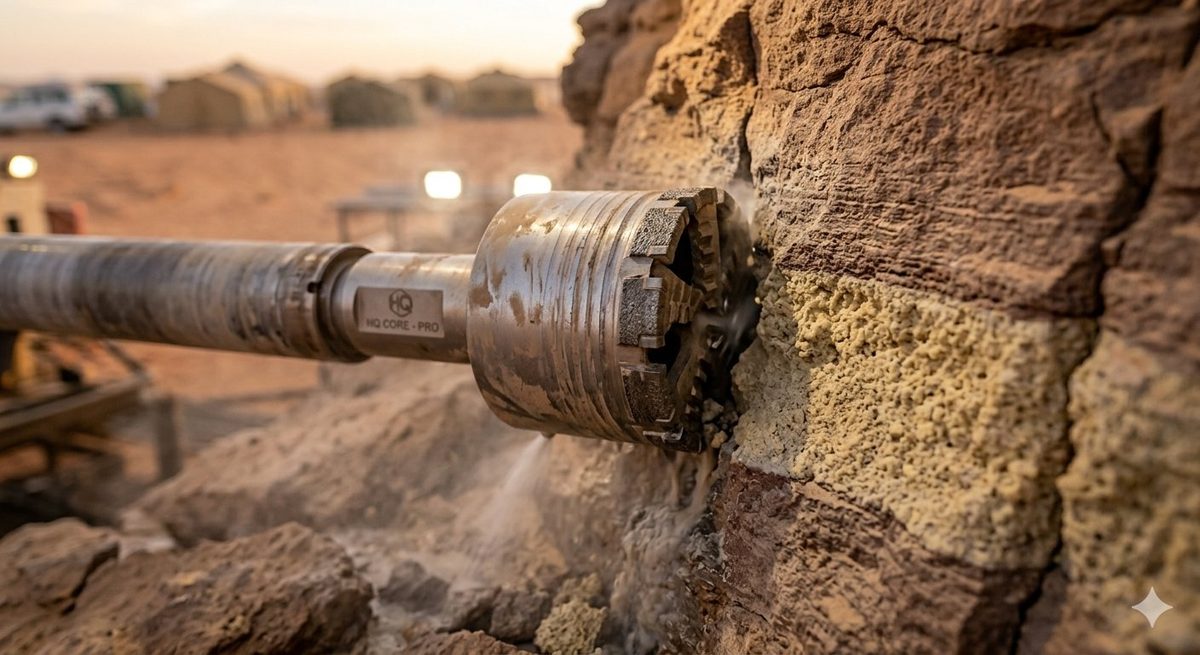 HQ core drill bit in phosphate rock