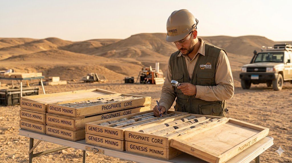 Genesis Mining geologist inspecting phosphate core samples - Hole GM-04